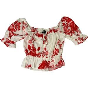 NWT Lulu's White Ruffled Puff Sleeve Top Red Floral Women's XS Coastal Cowgirl